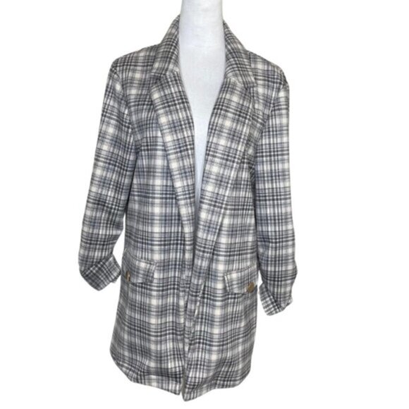 ALICE BLUE Women's Plaid Gray Light Academia Blazer Jacket Ruched Sleeve Sz XL - Picture 2 of 8